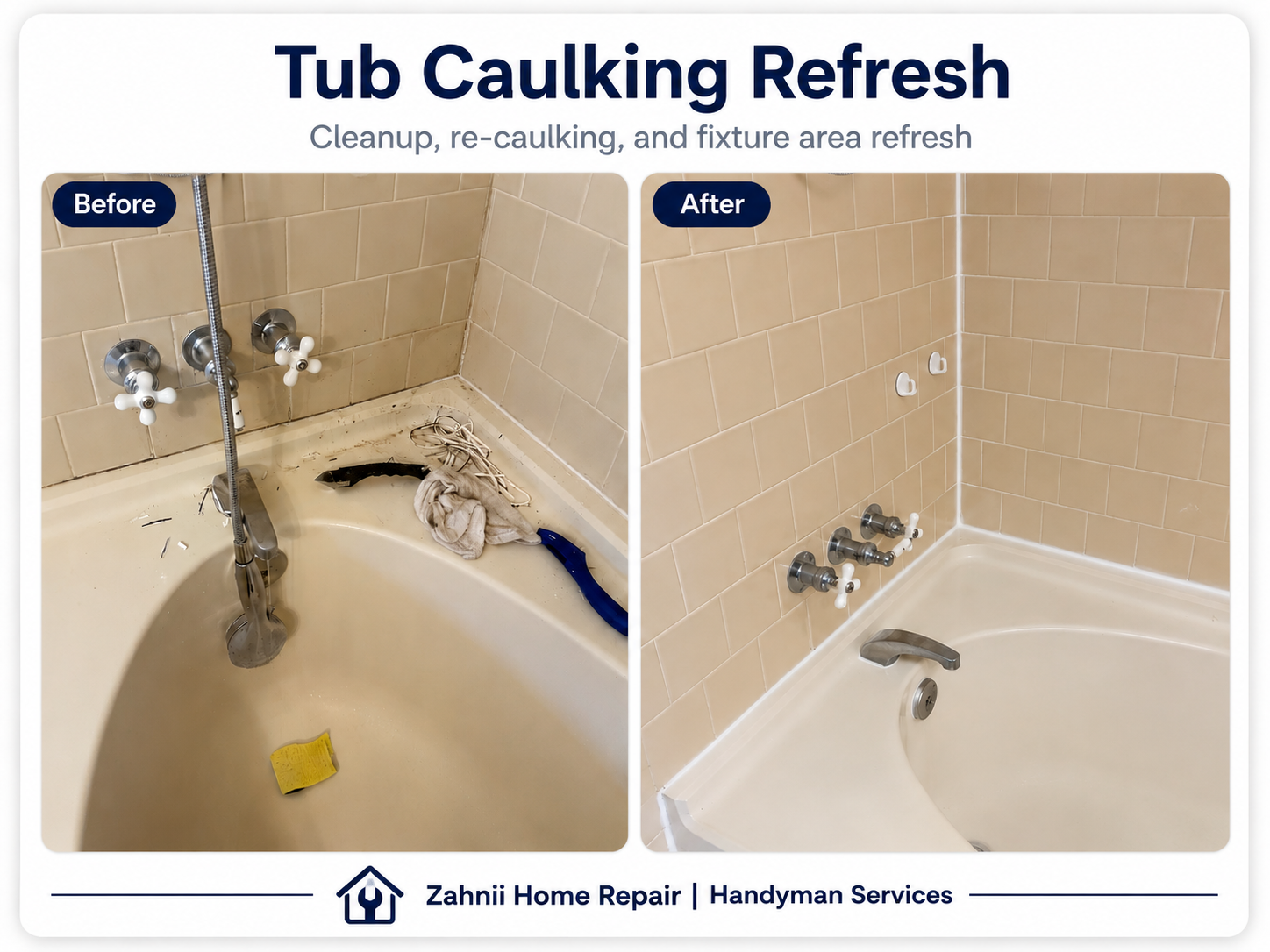 Tub caulking refresh project by Zahnii Home Repair